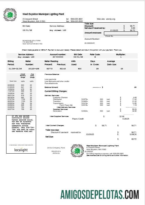 Em branco modelo de conta de serviços públicos West Boylston dos EUA em formatos Word e PDF